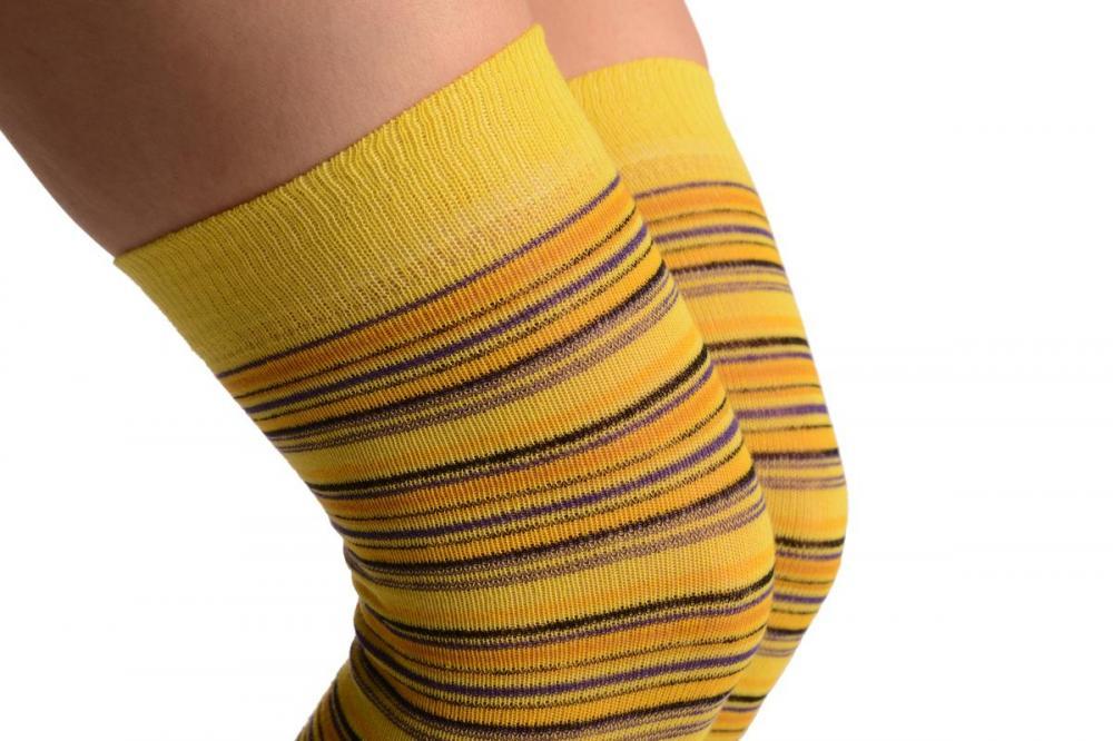 Liss Kiss Yellow With Black & Purple Thing Stripes - Over The Knee Socks
