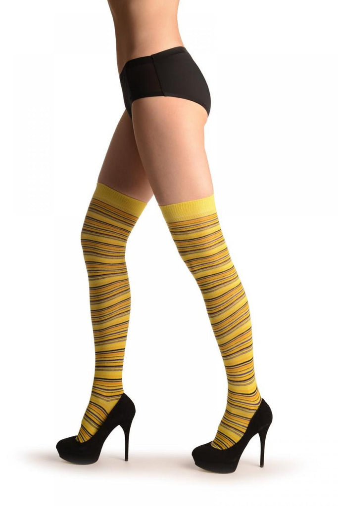 Liss Kiss Yellow With Black & Purple Thing Stripes - Over The Knee Socks