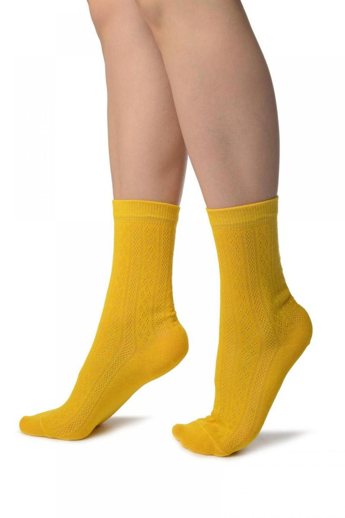 Liss Kiss Yellow With Crocheted Stripes Ankle High Socks - Socks