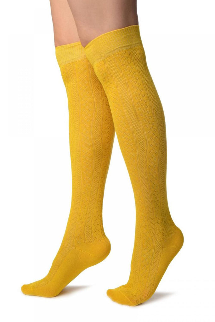 Liss Kiss Yellow With Crocheted Stripes Knee High Socks - Socks