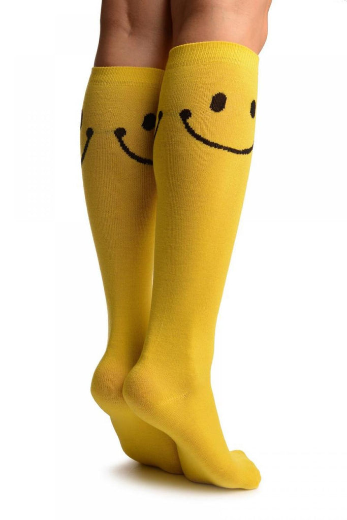 Liss Kiss Yellow With Woven Happy Faces Knee High Socks - Socks