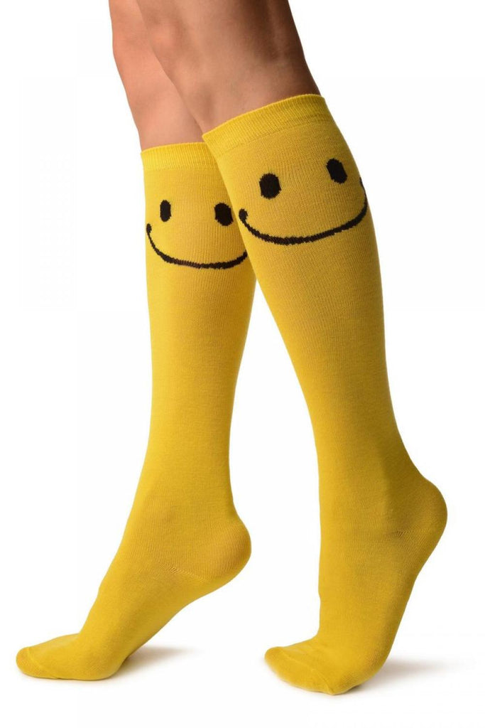 Liss Kiss Yellow With Woven Happy Faces Knee High Socks - Socks