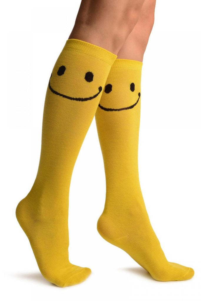 liss kiss Yellow With Woven Happy Faces Knee High Socks - Socks