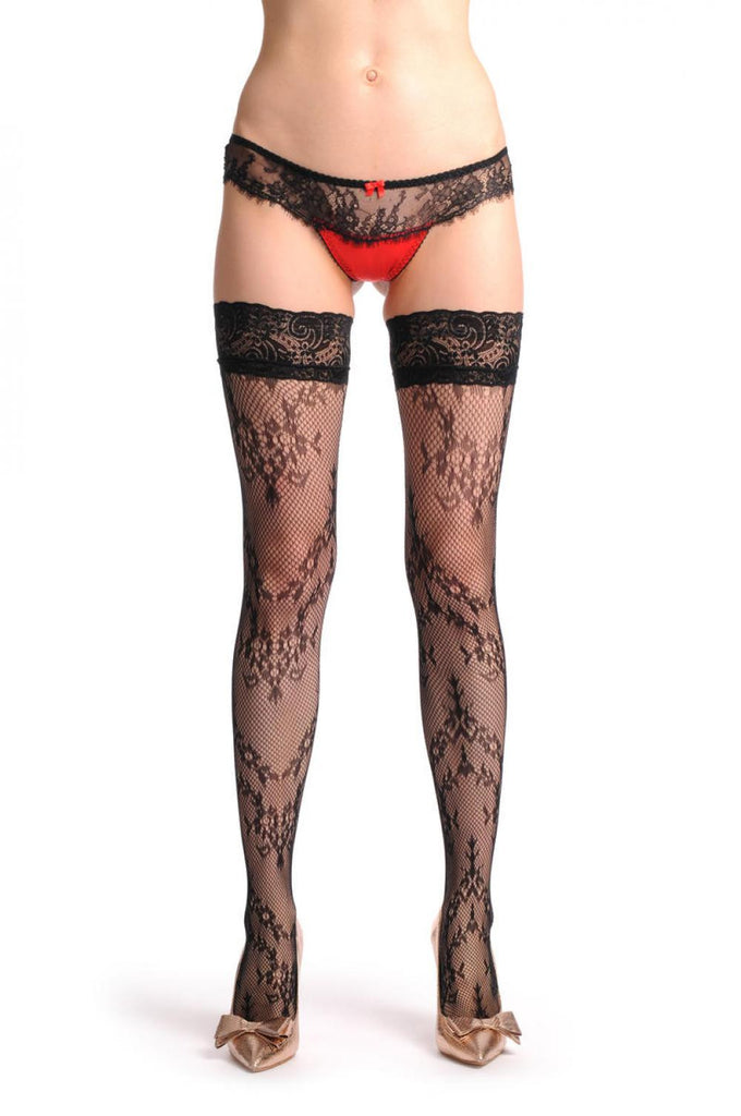 Liss Kiss Zig Zag Flowers Lace Fishnet With Lace Silicon Garter - Hold Ups
