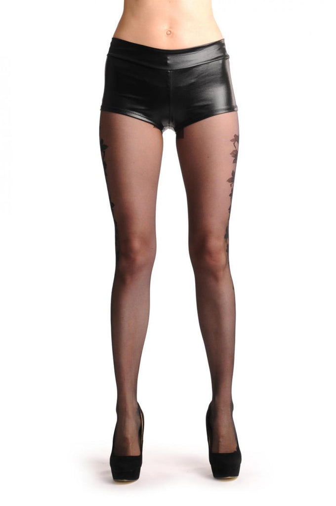 Liss Kiss Zig Zag Side Seam With Large Black Lilies Flowers - Tights