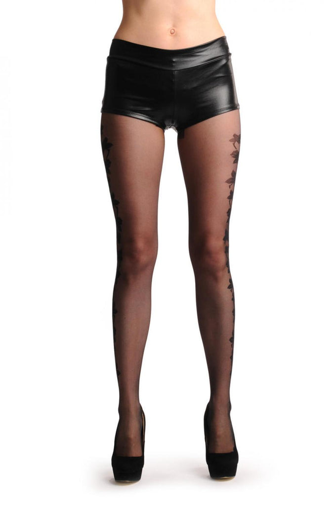 Liss Kiss Zig Zag Side Seam With Large Black Lilies Flowers - Tights