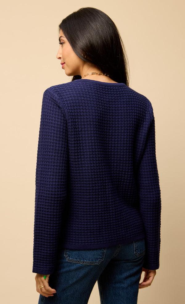 Little Mistress Celeste Navy Knitted Bow Pocket Detail Cardigan