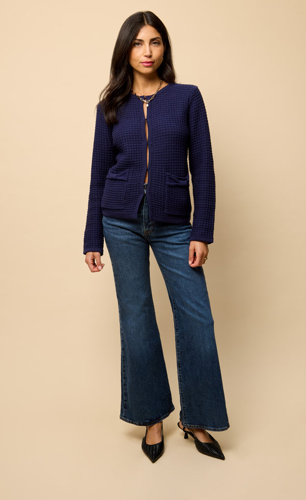 Little Mistress Celeste Navy Knitted Bow Pocket Detail Cardigan