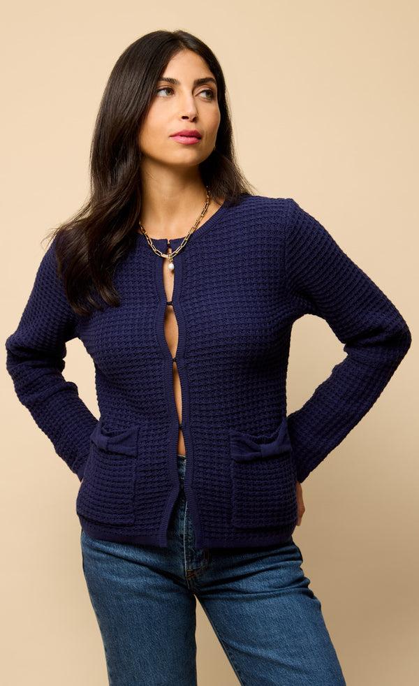 Little Mistress Celeste Navy Knitted Bow Pocket Detail Cardigan
