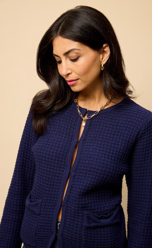little mistress Celeste Navy Knitted Bow Pocket Detail Cardigan