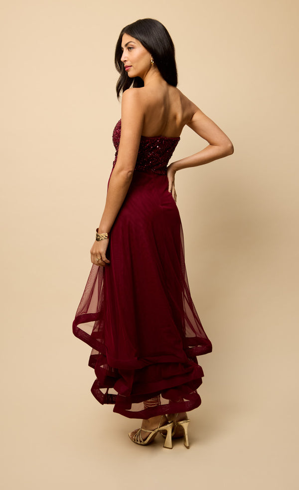 Little Mistress Celine Red Bandeau Embellished Maxi Dress