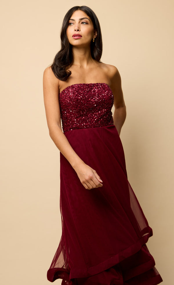 Little Mistress Celine Red Bandeau Embellished Maxi Dress