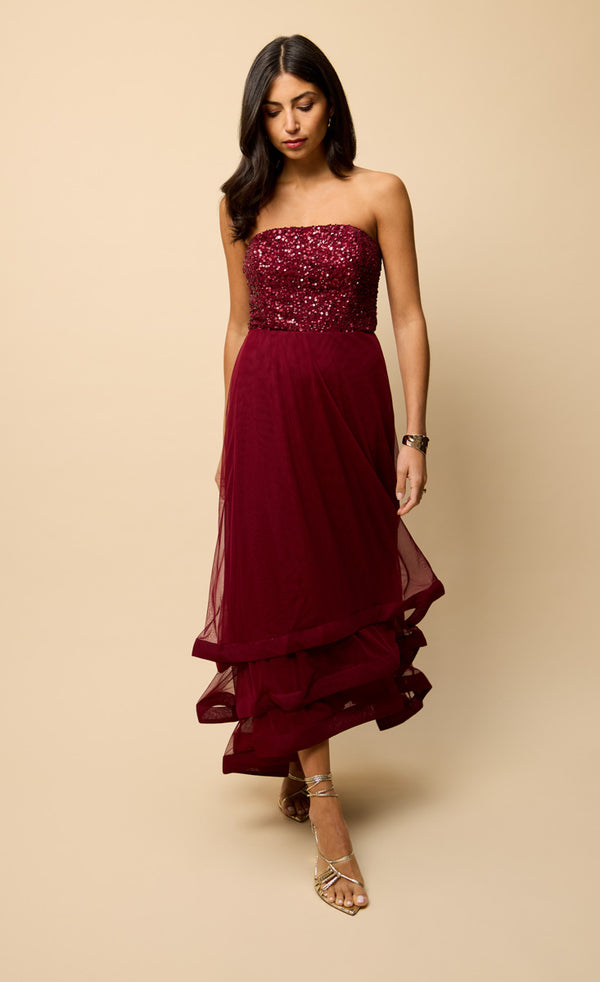 little mistress Celine Red Bandeau Embellished Maxi Dress