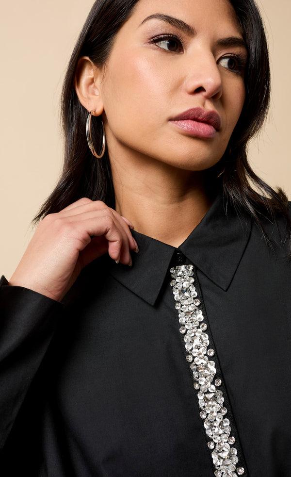 Little Mistress Chiara Black Embellished Trim Detail Shirt