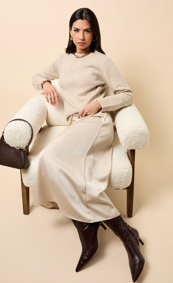 Little Mistress Dahlia Taupe Embellished Knitted Jumper