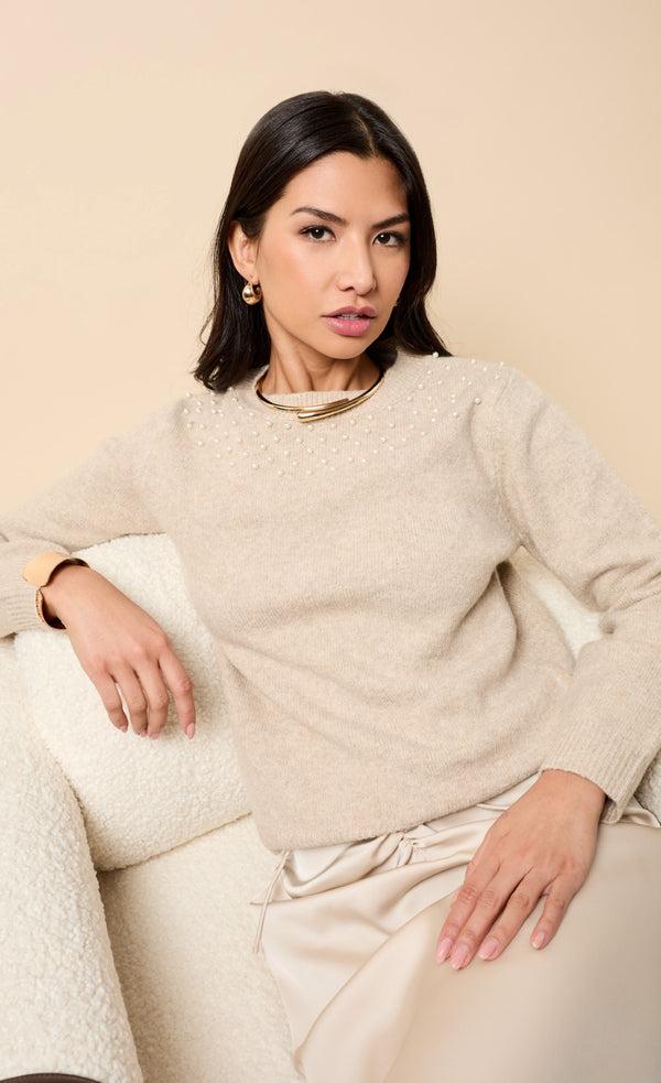 Little Mistress Dahlia Taupe Embellished Knitted Jumper