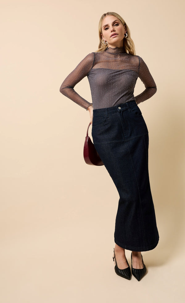 Little Mistress Delphine Grey Mesh Embellished High Neck Top