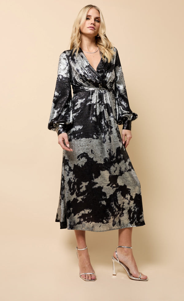 Little Mistress Elodie Black Silver Foil Midaxi Dress