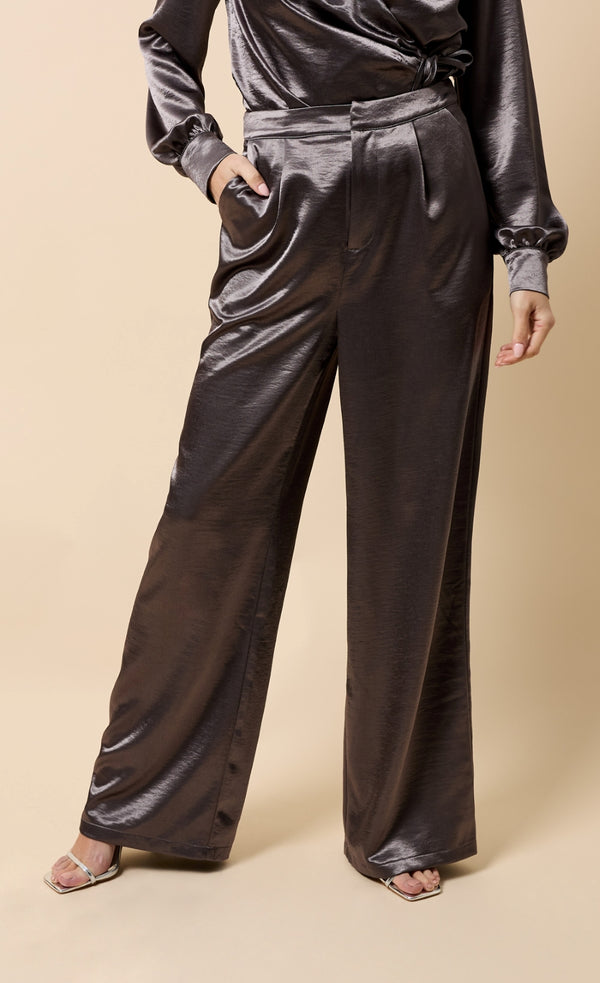 Little Mistress Estelle Grey Satin Wide Leg Trousers