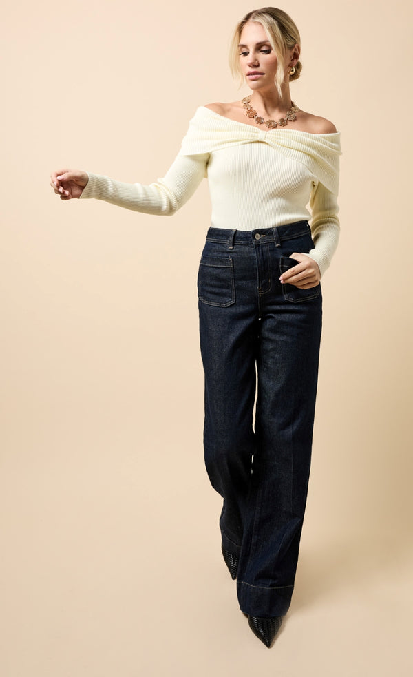 Little Mistress Faye Cream Knot Detail Bardot Jumper