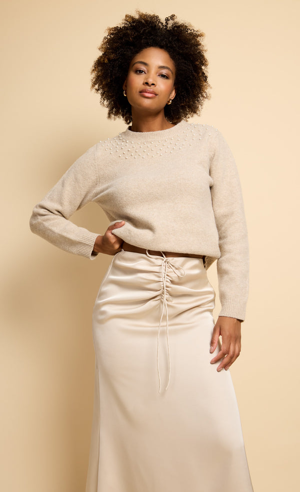 Little Mistress Floriane Champagne Gathered Detail Satin Midaxi Skirt