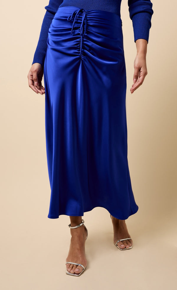 Little Mistress Floriane Cobalt Blue Gathered Detail Satin Midaxi Skirt