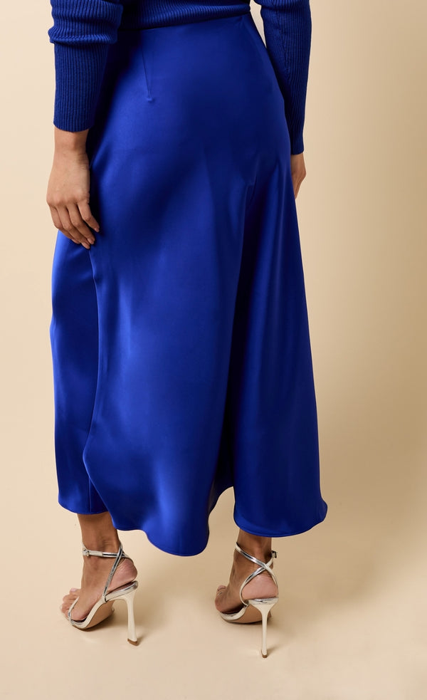 Little Mistress Floriane Cobalt Blue Gathered Detail Satin Midaxi Skirt
