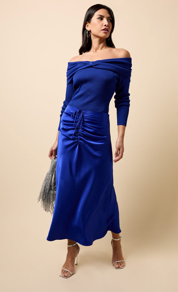 little mistress Floriane Cobalt Blue Gathered Detail Satin Midaxi Skirt