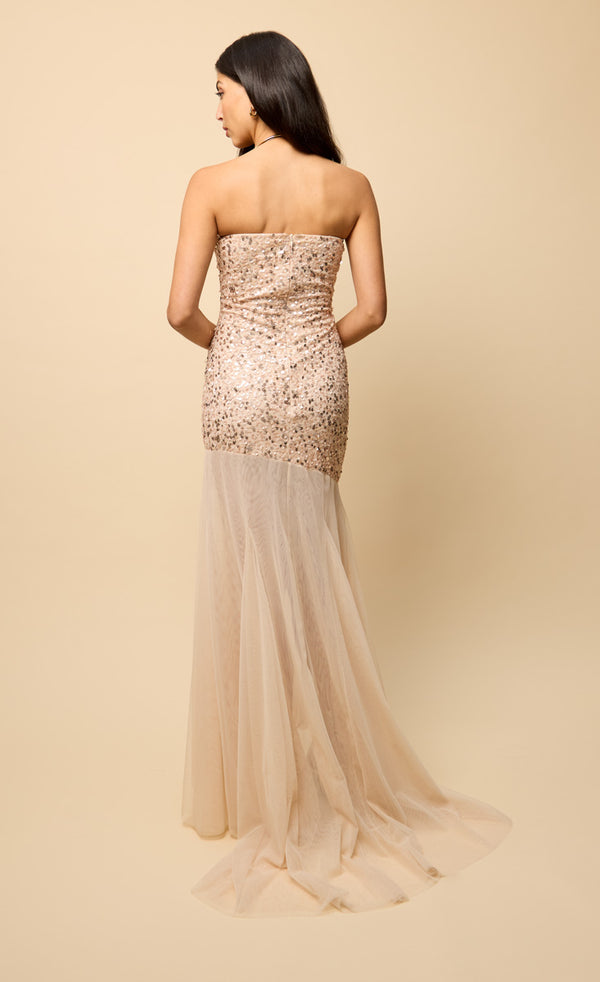 Little Mistress Harlow Nude Mesh Train Embellished Maxi Dress