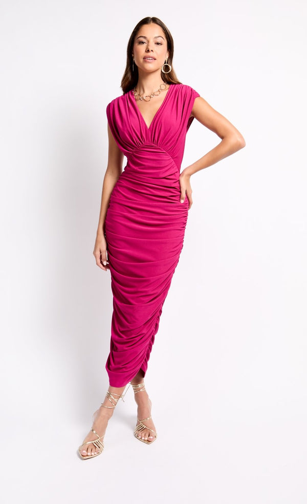 little mistress iSKA Pink Ruched Bodycon Midi Dress