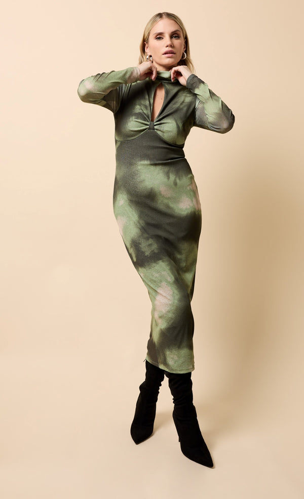 Little Mistress Isolde Khaki Print Keyhole Midaxi Dress