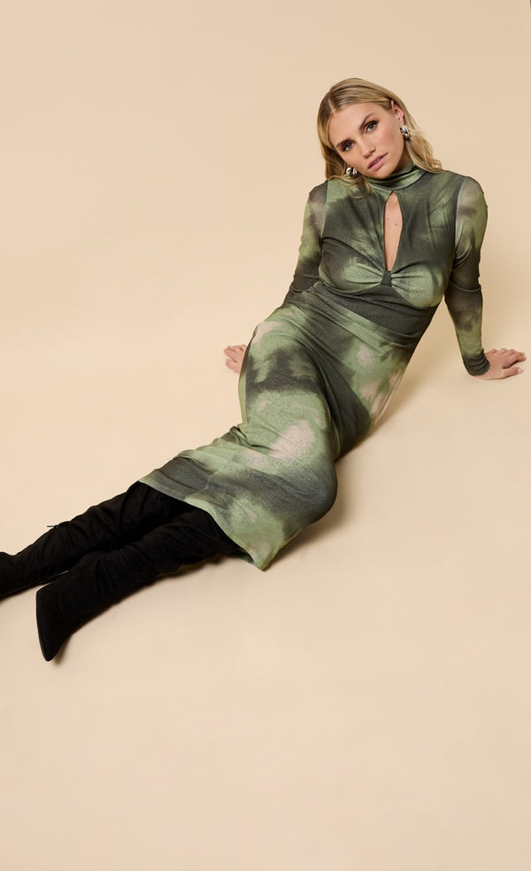 Little Mistress Isolde Khaki Print Keyhole Midaxi Dress