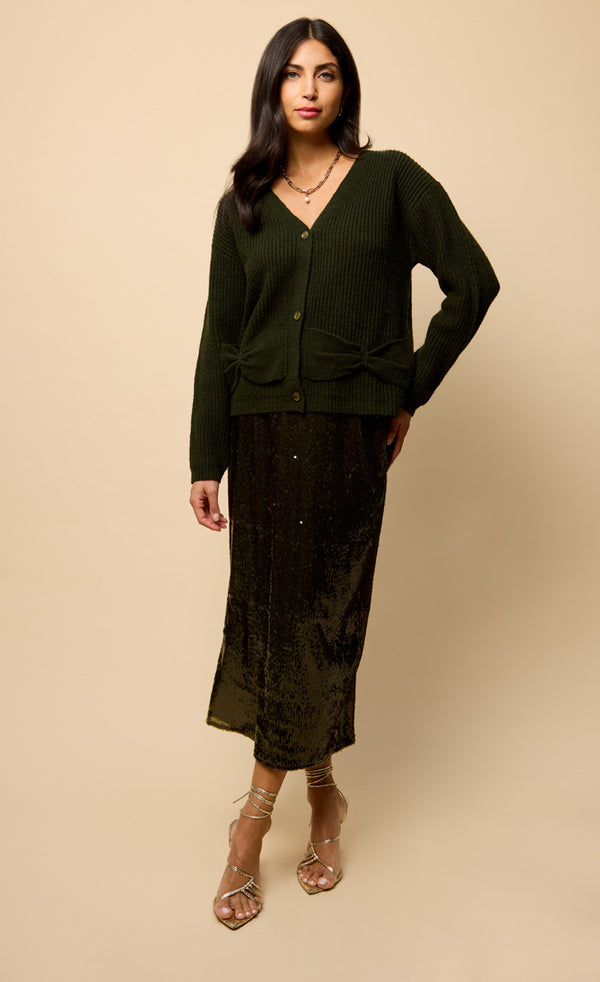 Little Mistress Ivanna Khaki Bow Pocket Detail Cardigan