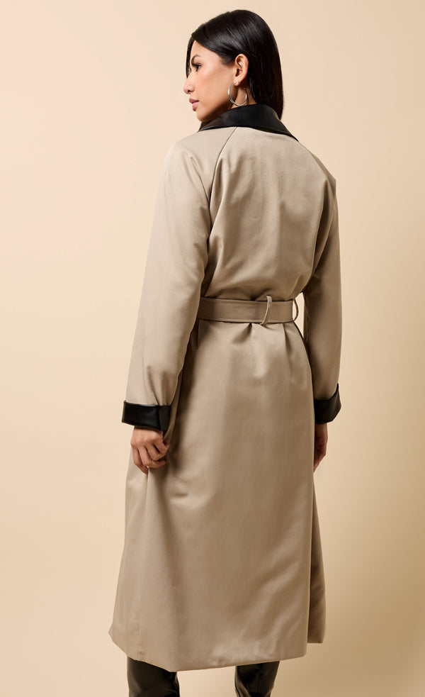 Little Mistress Katya Camel PU Contrast Trim Trench Coat