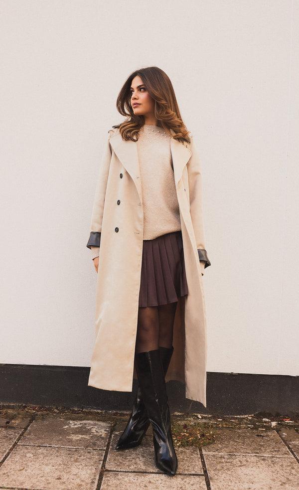 little mistress Katya Camel PU Contrast Trim Trench Coat