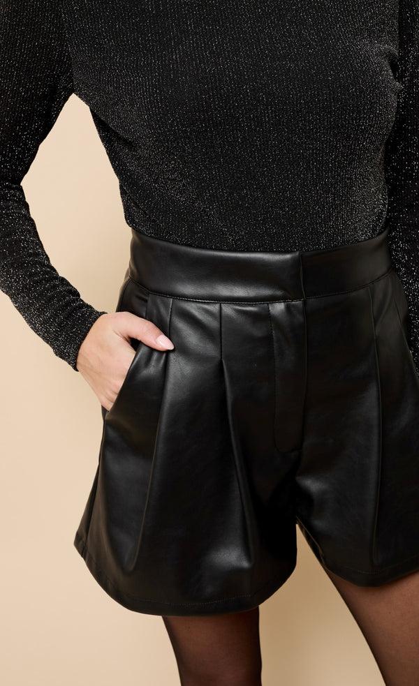 Little Mistress Bianca Black Pleated PU Shorts