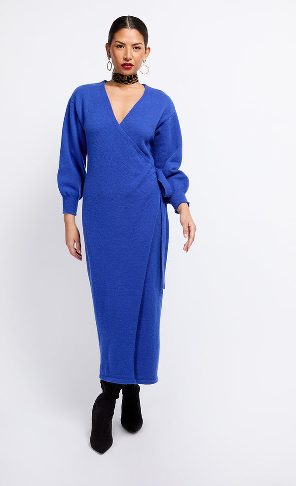 Little Mistress Cobalt Knit Midaxi Wrap Dress
