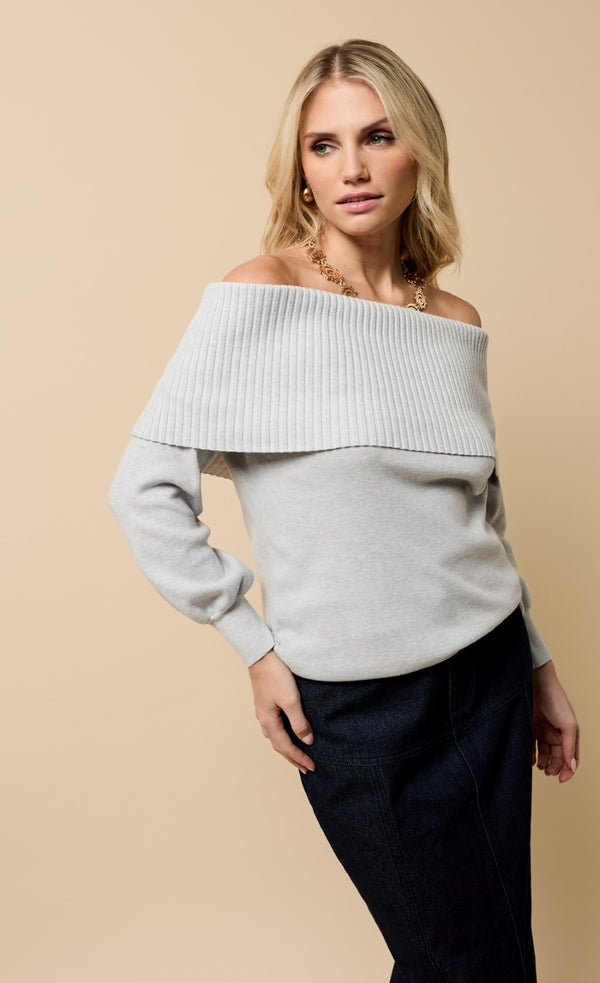 Little Mistress Colette Grey Knitted Bardot Jumper