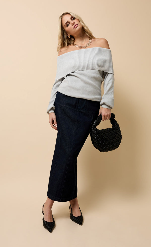 Little Mistress Colette Grey Knitted Bardot Jumper