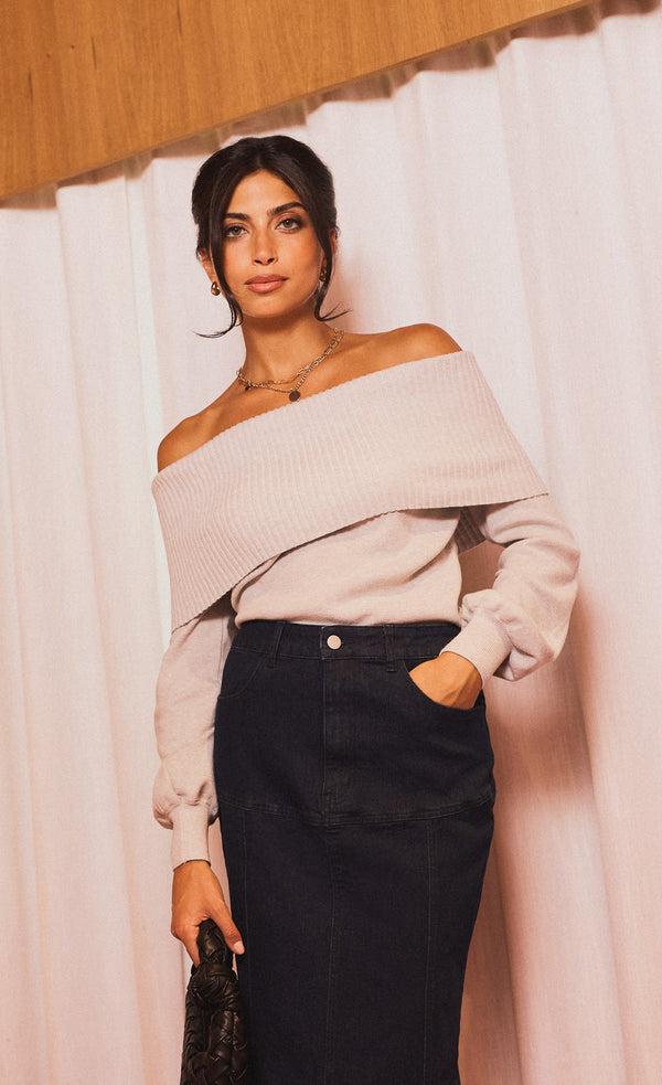 little mistress Colette Grey Knitted Bardot Jumper