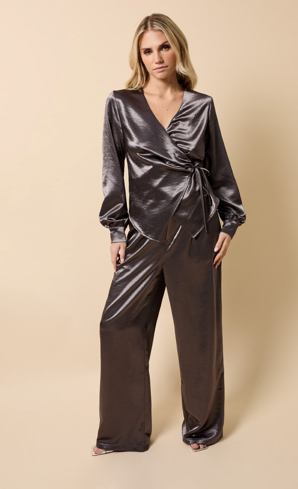 Little Mistress Esmé Grey Satin Wrap Top