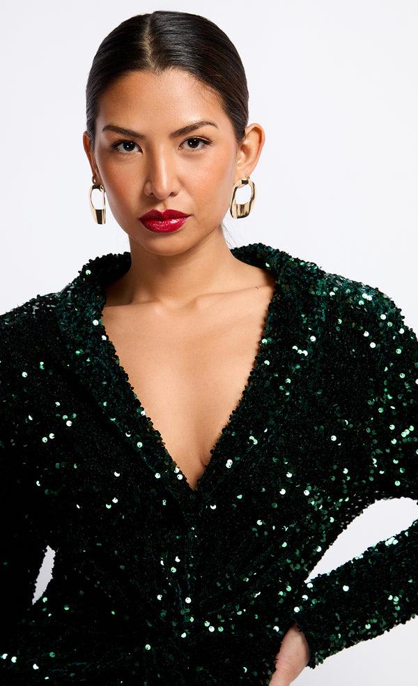 Little Mistress Green Sequin Velvet Mini Dress