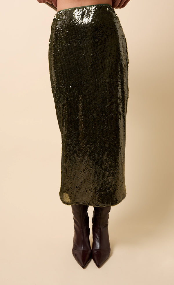 Little Mistress Louisa Khaki Sequin Midaxi Skirt