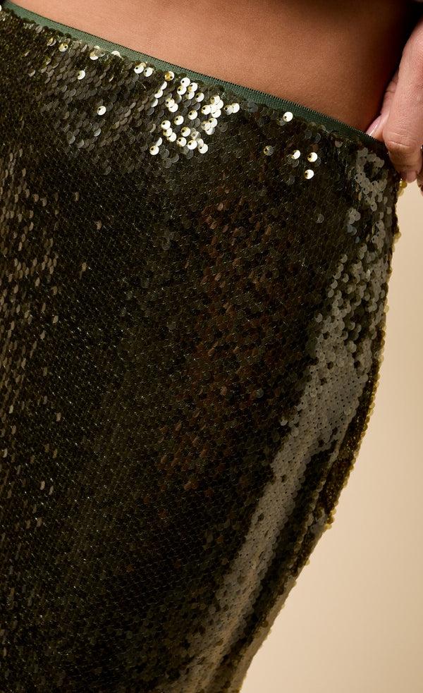Little Mistress Louisa Khaki Sequin Midaxi Skirt