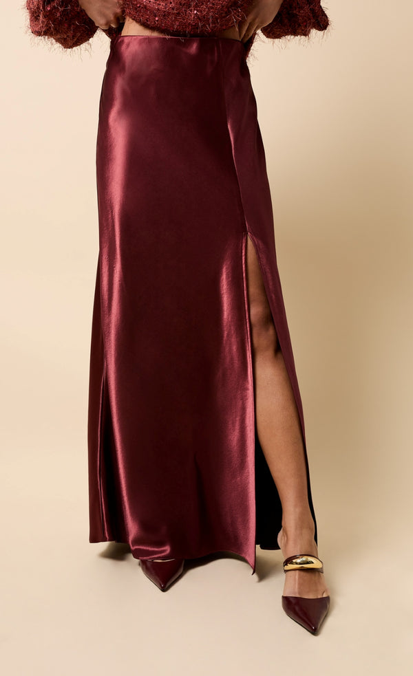 Little Mistress Marisol Cherry Satin Maxi Skirt