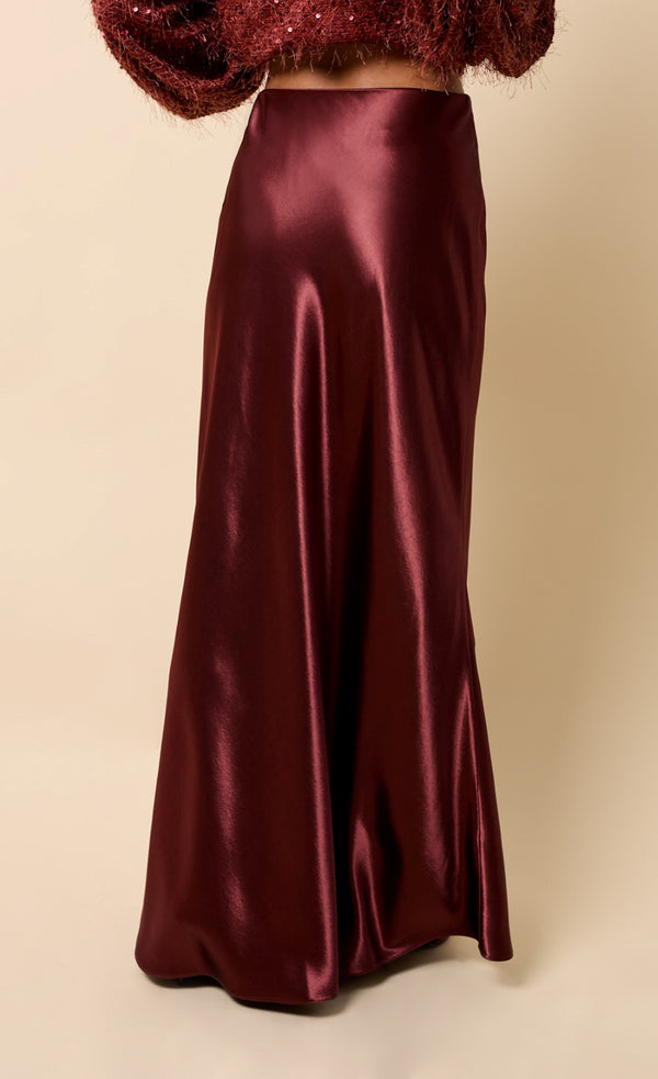 Little Mistress Marisol Cherry Satin Maxi Skirt