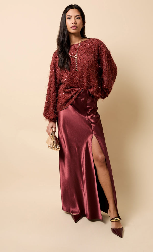 little mistress Marisol Cherry Satin Maxi Skirt