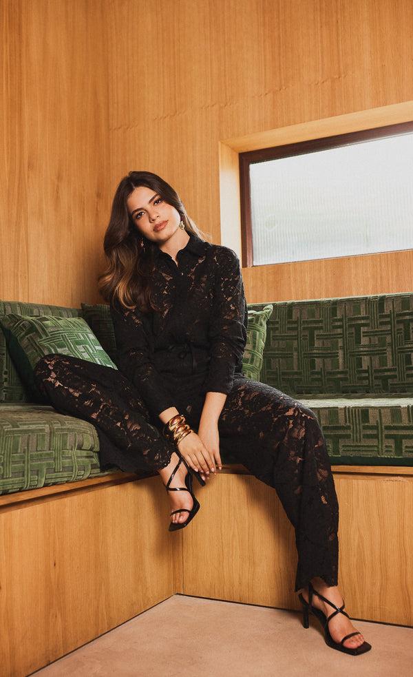 little mistress Milan Black Lace Wide Leg Trousers