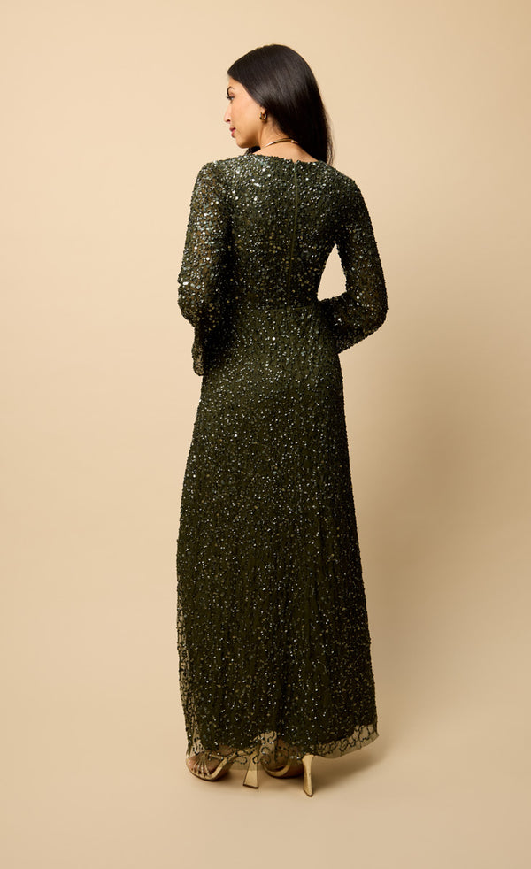 Little Mistress Olive Wrap Embellished Maxi Dress