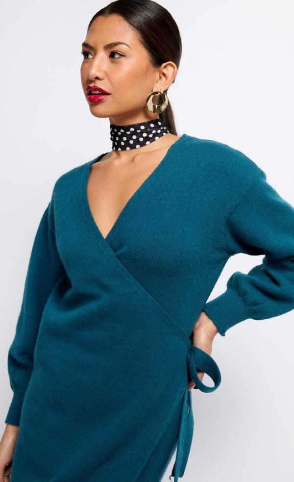 Little Mistress Petrol Knit Midaxi Wrap Dress